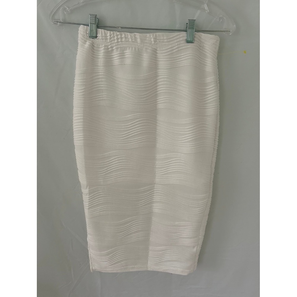 White Textured Wavy Ripple Midi Pencil‎ Skirt High Waisted Side Slit Women Small